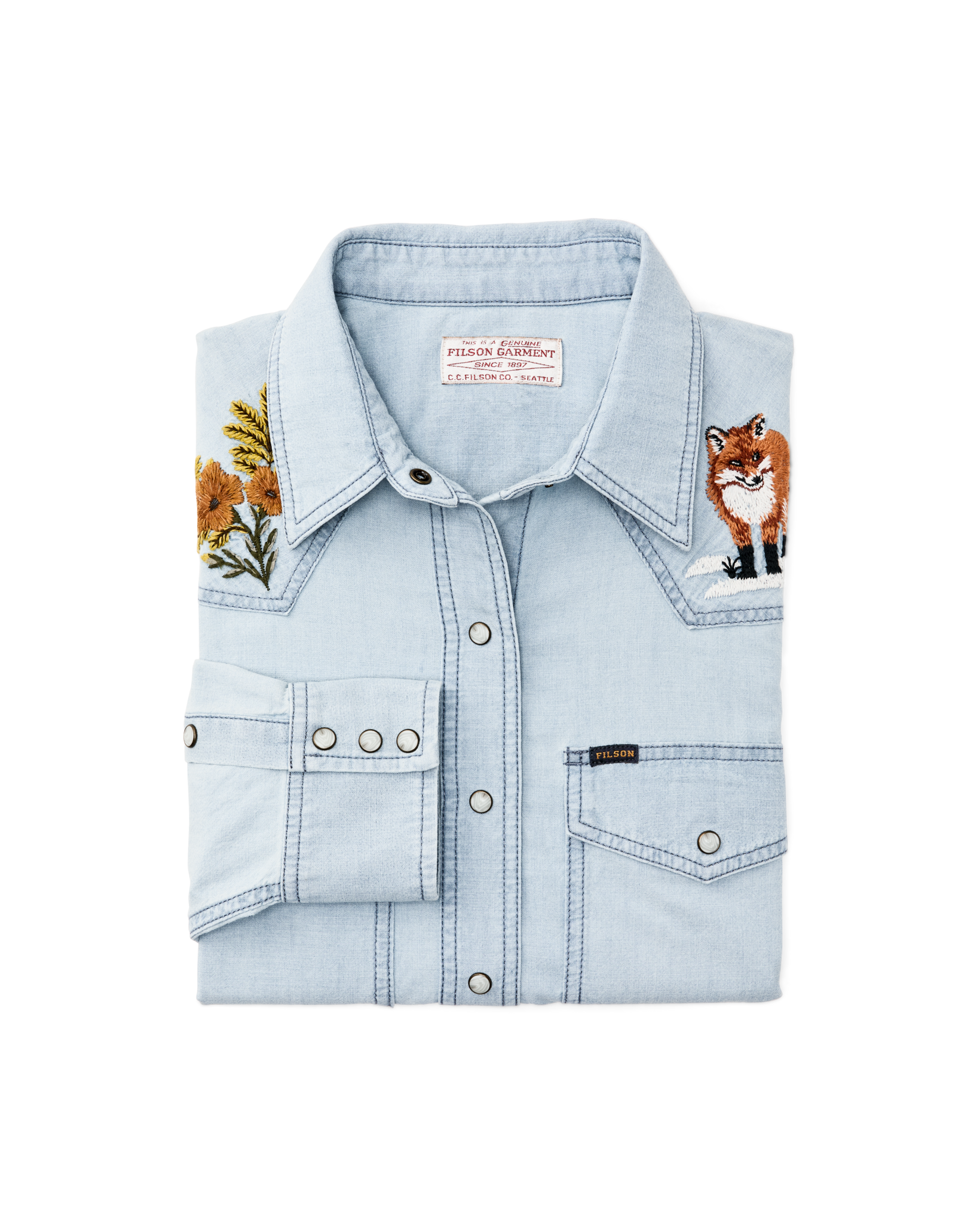 Women's Embroidered Western Shirt - Light Indigo Chambray / Fields - Image 6