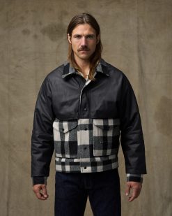 Mackinaw Wool Caped Jacket - Natural Black Plaid Navy