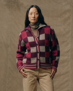 Women's Checkered Wool Cardigan - Burgundy / Gray Check